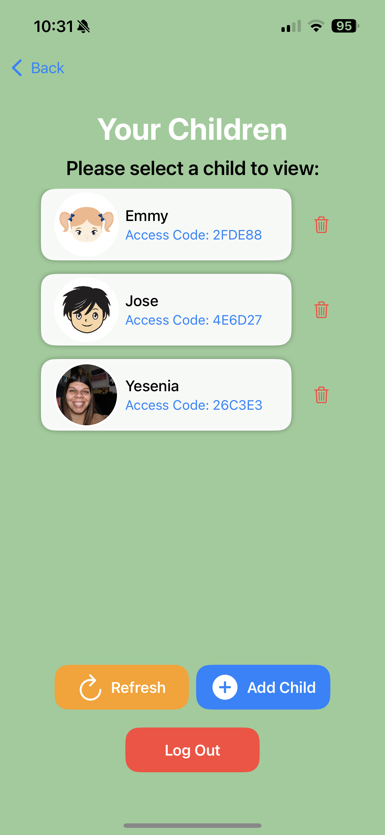 Parent dashboard showing linked children